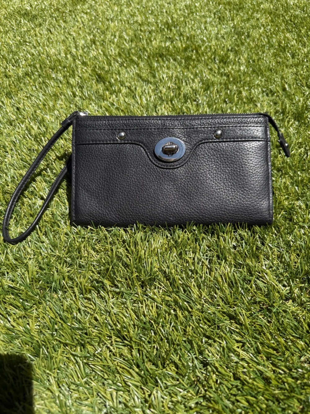 Coach black leather wristlet clutch with silver turn lock
